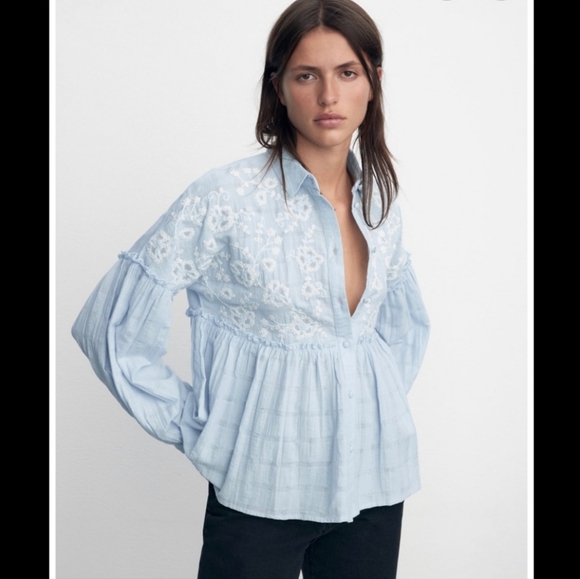 Zara Tops - Zara Embroidered Babydoll Top Women's XS Blue Floral Boho Retro Cottagecore 90s